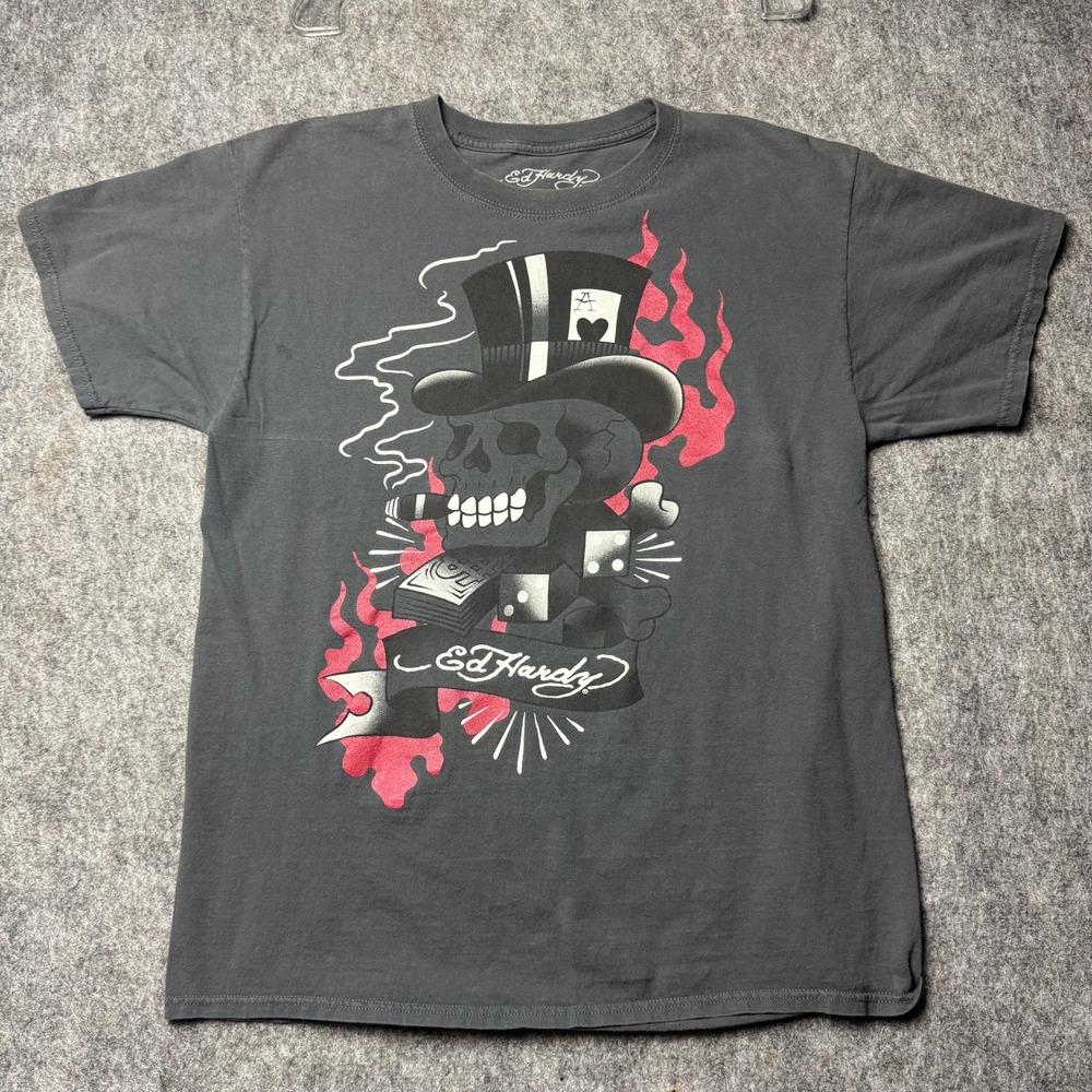 Ed Hardy Skull Dice Graphic T Shirt Gray Men's Large Y2K Tattoo Streetwear